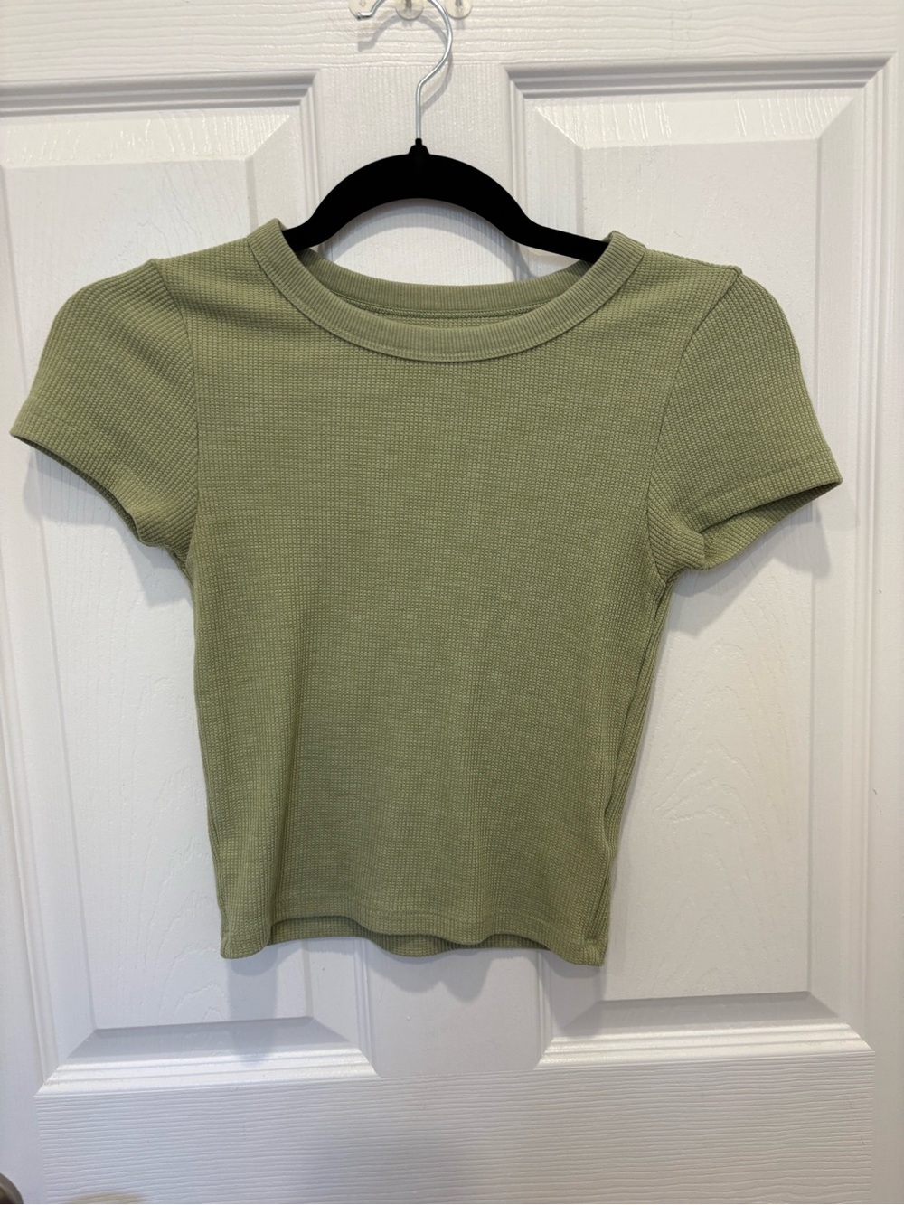 American Eagle Women's Ribbed Short Sleeve Crop Top - Olive Green #1289